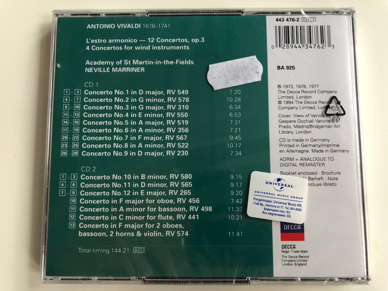 Vivaldi: L'estro Armonico - 4 Concertos / Academy of St Martin-in-the-Fields / Double Decca / Decca 2x Audio CD 1994 / 443 476-2