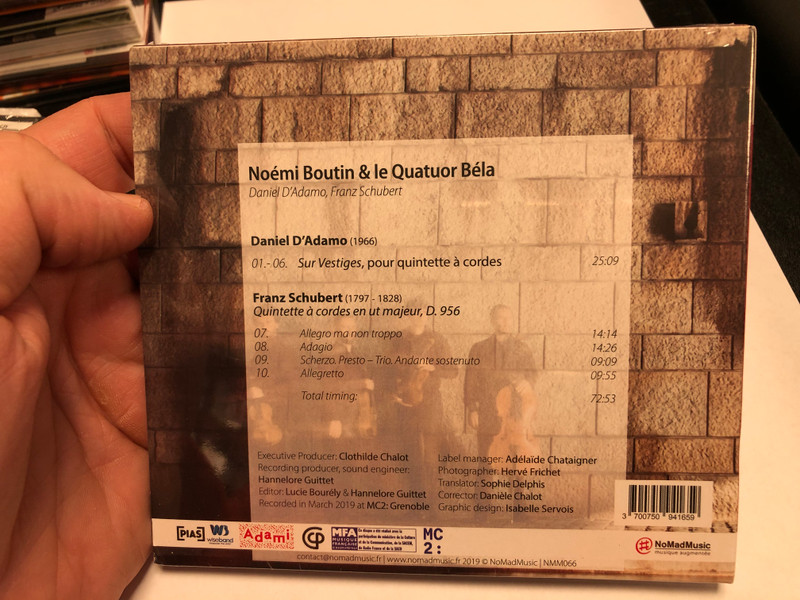 Noemi Boutin - Quatuor Bela / D'Adamo - Sur Vestiges, Schubert - Quintette en ut majeur, D. 956 / Le Choix De France Musique / NoMadMusic Audio CD 2019 / NMM066