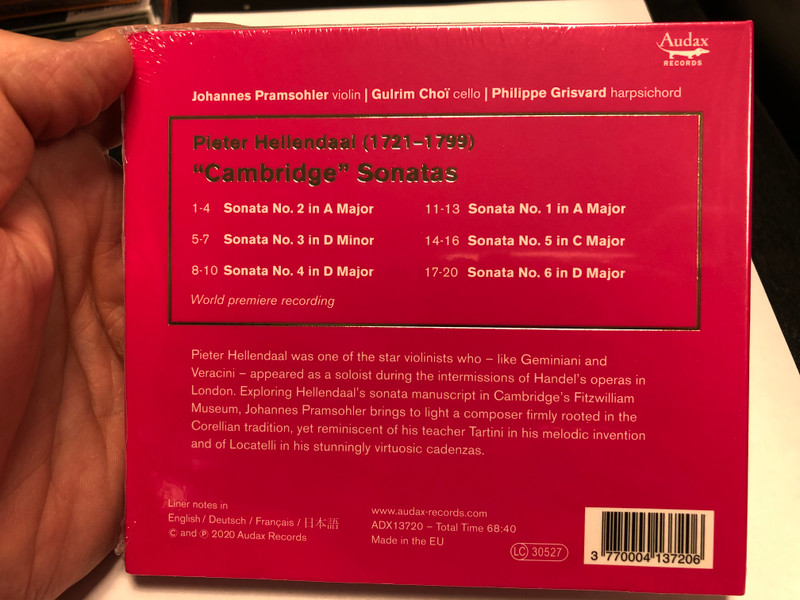 Hellendaal - ''Cambridge'' Sonatas / Johannes Pramsohler, Gulrim Choi, Philippe Grisvard / Audax Records Audio CD 2020 / ADX13720