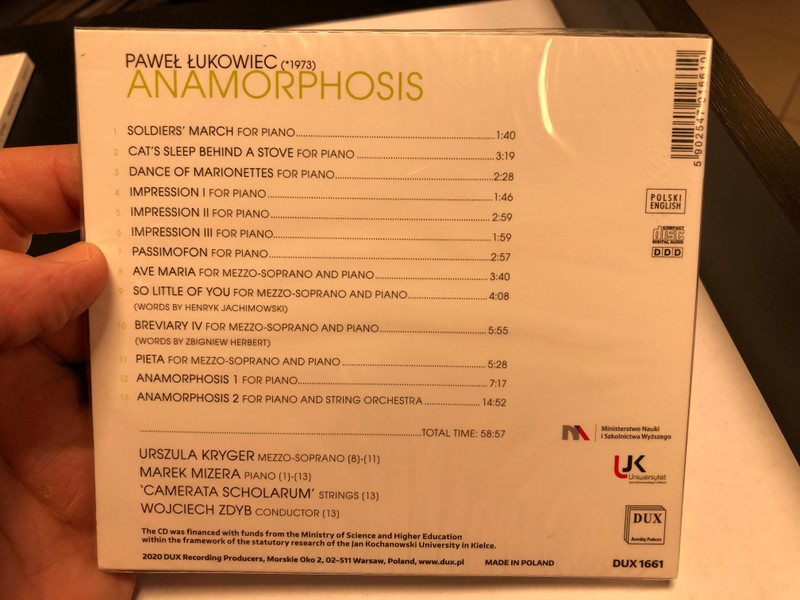 Paweł Łukowiec - Anamorphosis / Urszula Kryger - mezzo-soprano, Marek Mizera - piano, Camerata Scholarum, Wojciech Zdyb - conductor / DUX Audio CD 2020 / DUX1661