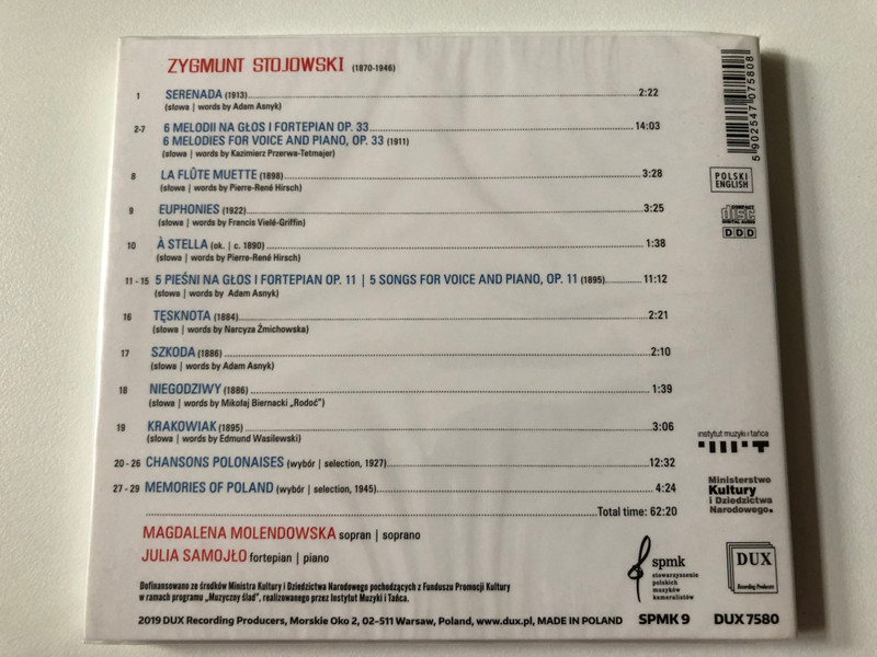Zygmunt Stojowski - Songs / Magdalena Molendowska - soprano, Julia Samojlo - piano / Dux Recording Audio CD 2019 / DUX 7580