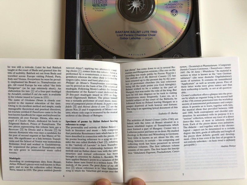 Music In Renaissance Transylvania - Bakfark Bálint Lute Trio / Hungaroton ‎Classic Audio CD 1995 Stereo / HCD 12924