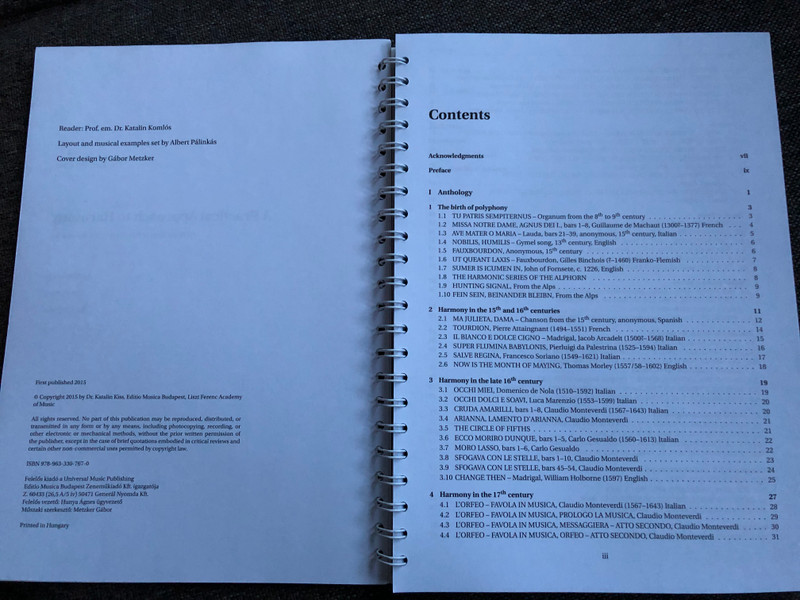 A Practical Approach to Harmony by Dr. Katalin Kiss / From the Birth of Polyphony to the Baroque Era / Editio Musica Budapest 2015 - Liszt Ferenc Academy of Music / Anthology - Exercises - Solutions (9789633307670)