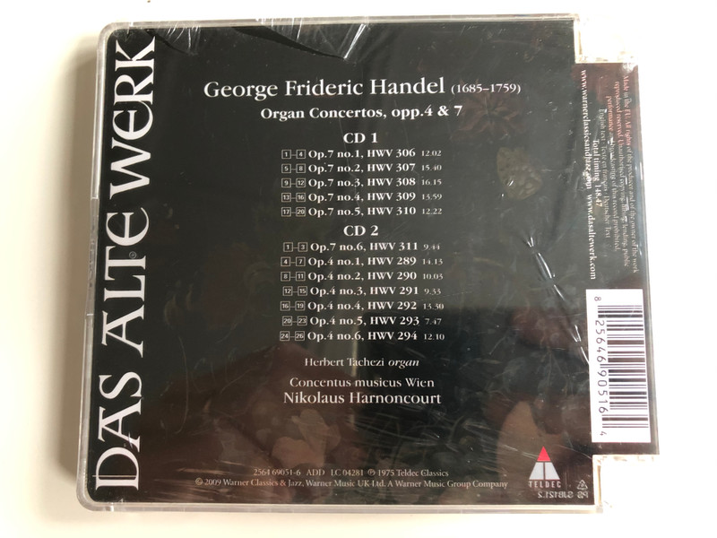 Handel ‎– Organ Concertos, Opp. 4 & 7 / Herbert Tachezi, Concentus Musicus Wien, Nikolaus Harnoncourt ‎/ Das Alte Werk / Teldec Classics ‎2x Audio CD 2009 / 2564 69051-6
