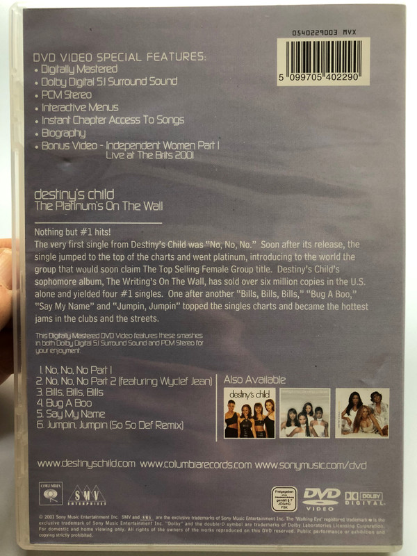 Destiny's Child DVD 2001 The Platinum's on the wall / Nothing by No. 1 Hits! / No, no, no, Bills, Bills, Bills, Say my name / Sony Music Entertainment / Bonus videos (5099705402290)