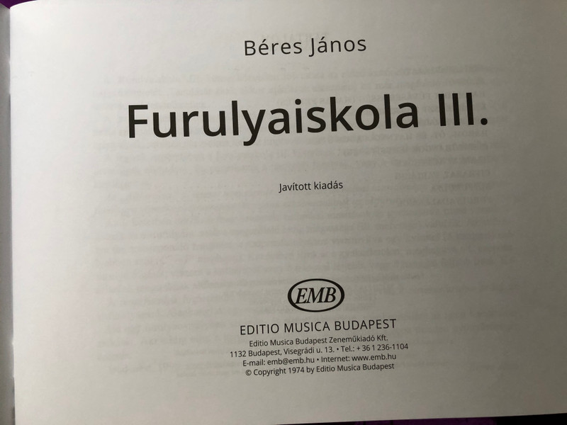 Furulya iskola III. by Béres János / Editio Musica Budapest 2017 - Z 7332 / Paperback / Recorder Tutor 3 (9790080073322)