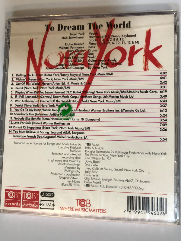 To Dream The World - Nora York ‎/ TCB Records Audio CD 1994 / TCB 94602