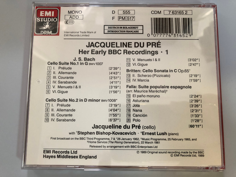 Jacqueline Du Pré - Her Early BBC Recordings Volume 1 / BACH - Cello Suites Nos. 1 & 2, FALLA: Suite populaire espagnole, BRITTEN / Ernest Lush, Stephen Bishop-Kovacevich / EMI Studio DRM Audio CD 1989 Mono / CDM 7 63165 2