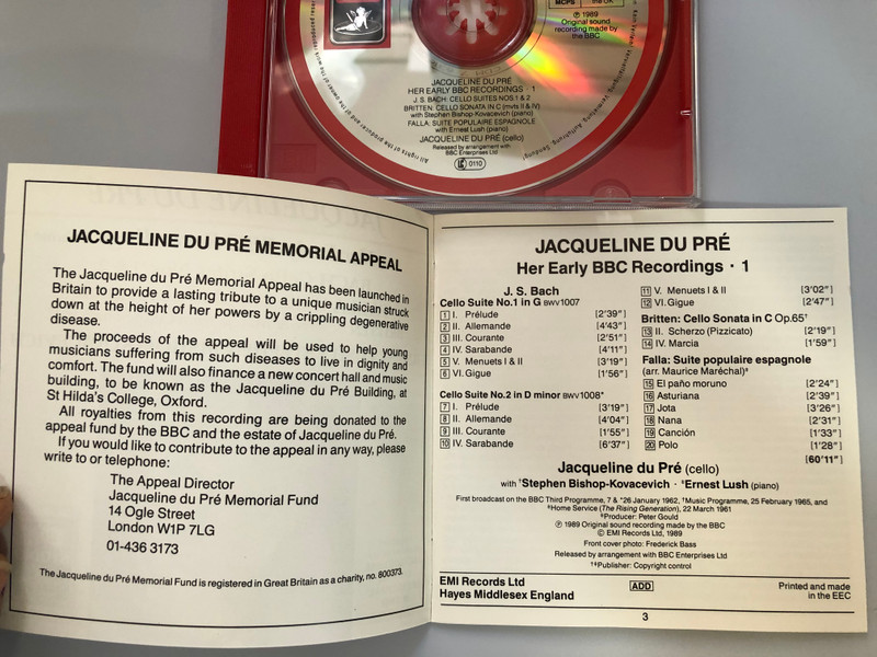Jacqueline Du Pré - Her Early BBC Recordings Volume 1 / BACH - Cello Suites Nos. 1 & 2, FALLA: Suite populaire espagnole, BRITTEN / Ernest Lush, Stephen Bishop-Kovacevich / EMI Studio DRM Audio CD 1989 Mono / CDM 7 63165 2