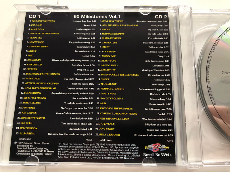 50 Milestones Vol 1 / Bellamy Brothers – Let Your Love Flow. F.R. David - Words, Jan & Dean – California Girls, Chris Andrews – Sugar Daddy, Peppers – Pepper Box, Herman's Hermits –No Milk Today / Block Buster 2x Audio CD 1997 / 5394 S