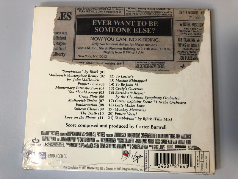 Being John Malkovich (Original Motion Picture Soundtrack) / A film directed by Spike Jonze / Score by Carter Burwell / Source Audio CD 1999 / 724384876401