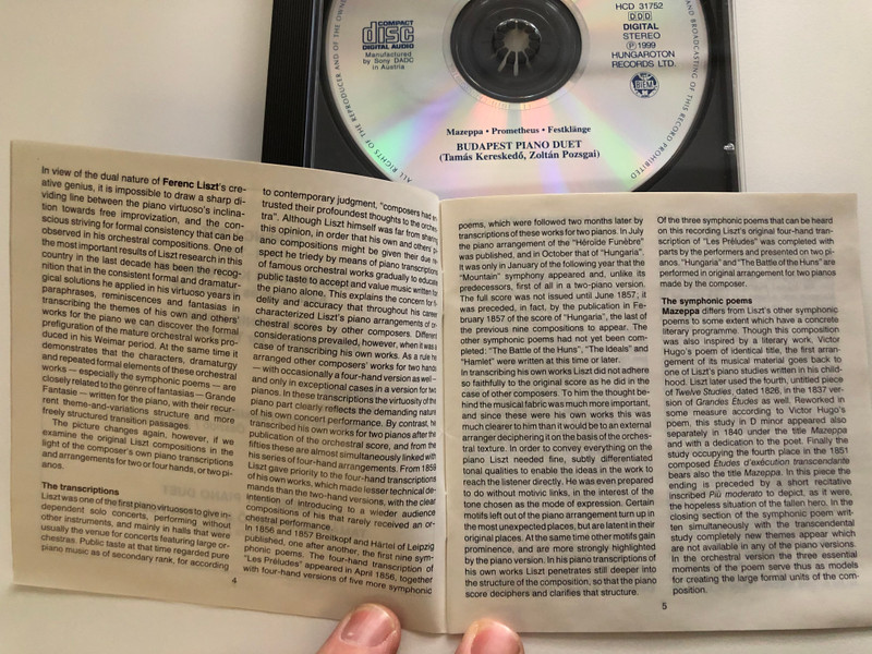 Ferenc Liszt - Symphonic Poems, Transcriptions for two pianos - Vol. 4 / Mazeppa, Prometheus, Festklange / Budapest Piano Duet (Tamás Kereskedő, Zoltán Pozsgai) / Hungaroton Classic Audio CD 1999 Stereo / HCD 31752