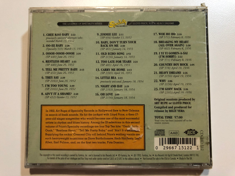 Lloyd Price – Vol.2 : Heavy Dreams / The Legends Of Specialty Series / Ace Audio CD 1993 / CDCHD 512
