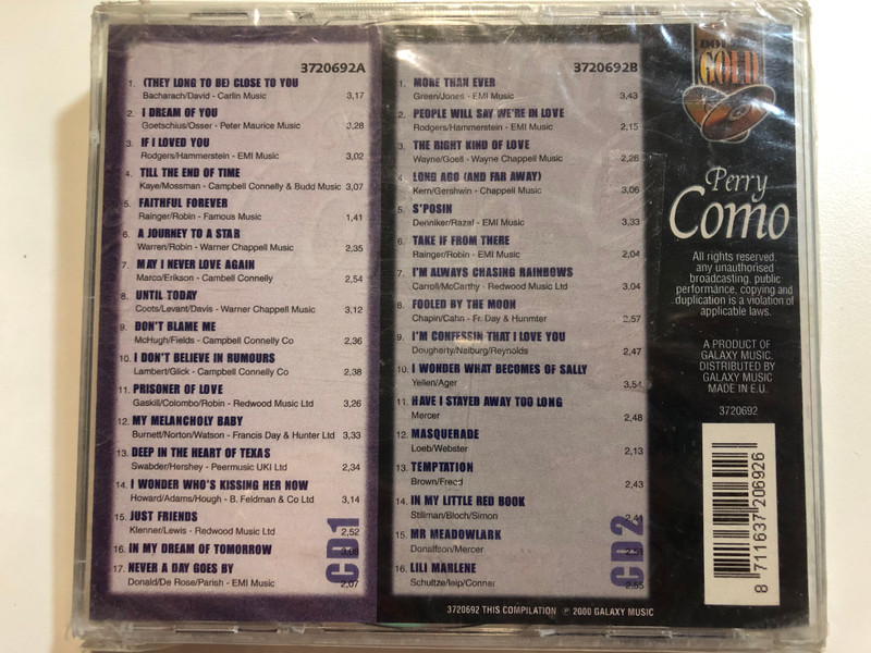 Perry Como / Close To You, Don't Blame Me, More Than Ever, I Wonder Who's Kissing Her Now, I Dream Of You, and many others / Galaxy Music 2x Audio CD 2000 / 3720692