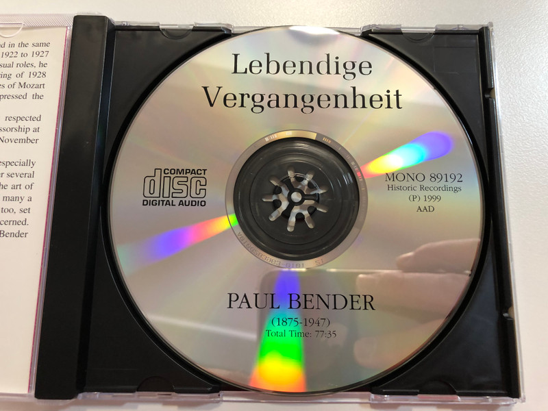 Lebendige Vergangenheit - Paul Bender / Historic Recordings Audio CD 1999 Mono / 89192