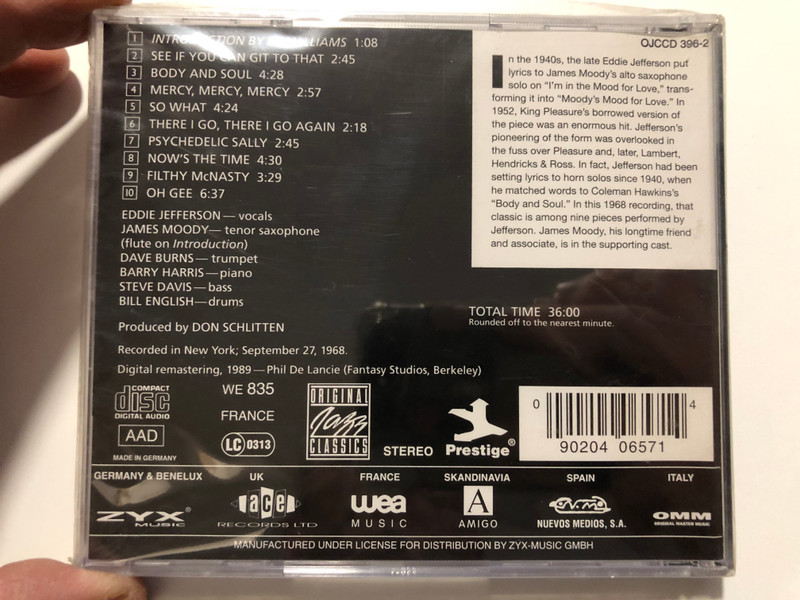 Eddie Jefferson – Body And Soul / James Moody, Dave Burns, Barry Harris, Steve Davis, Bill English / Original Jazz Classics Audio CD 1989 Stereo / OJCCD-396-2