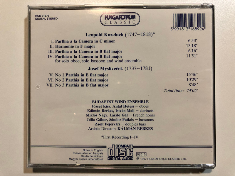 Leopold Kozeluch, Josef Mysliveček - Parthias / Budapest Wind Ensemble, Artistic Director: Kalman Berkes / Hungaroton Classic Audio CD 1997 Stereo / HCD 31676