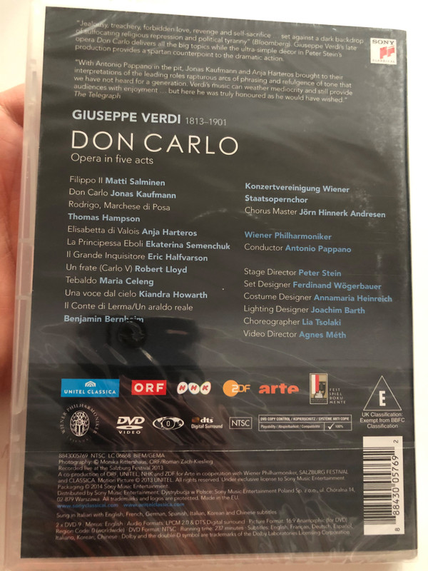 Giuseppe Verdi 2DVD 2014 Don Carlo: Wiener Philharmoniker / Opera in five acts / Wiener Staatsopernchor / Conducted by Antonio Pappano / Starring: Jonas Kaufmann, Anja Harteros... / Recorded live at the Salzburg Festival 2013 / Sony Classical (888430057692)