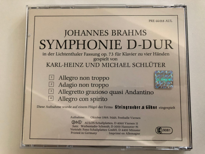 Johannes Brahms - Symphonie D-dur Op. 73 / fur Klavier zu vier Handen (Lichtenthaler Fassung) / Karl-Heinz Und Michael Schluter / Preciosa Aulos Audio CD / PRE 66018 AULL