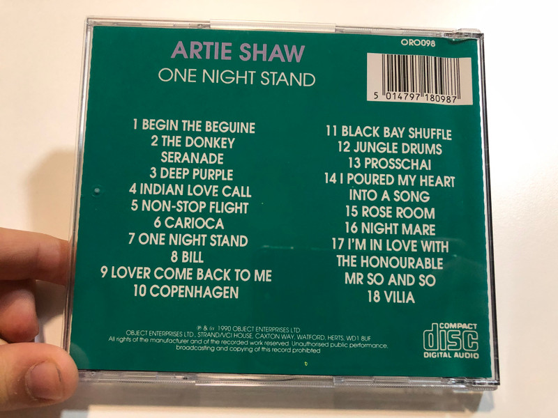 Artie Shaw - One Night Stand / Jazz Collection / Object Enterprises Ltd. Audio CD 1990 / ORO098