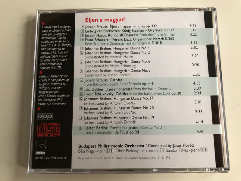 Eljen a magyar! - Johann Strauss, Ludwig Van Beethoven, Joseph Haydn, Franz Schubert, Johannes Brahms, Leo Delibes, Pyotr Tchaikovsky, Hector Berlioz / Budapest Philharmonic Orchestra / Tudex Publishers Ltd. Audio CD 1996 / TDX 2011