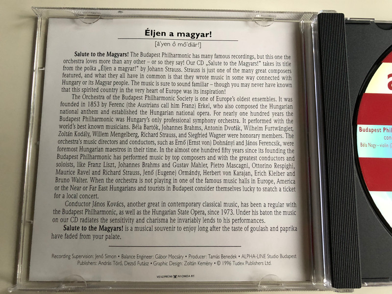 Eljen a magyar! - Johann Strauss, Ludwig Van Beethoven, Joseph Haydn, Franz Schubert, Johannes Brahms, Leo Delibes, Pyotr Tchaikovsky, Hector Berlioz / Budapest Philharmonic Orchestra / Tudex Publishers Ltd. Audio CD 1996 / TDX 2011