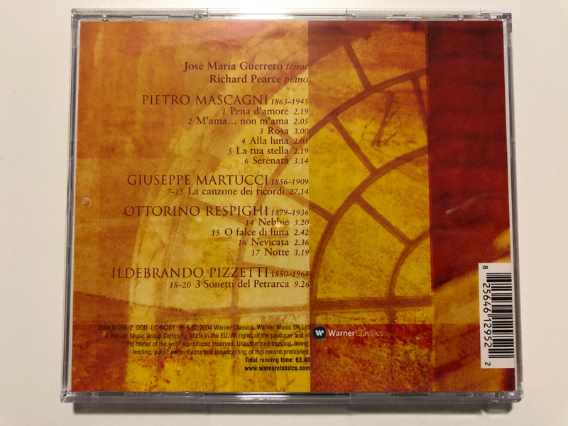 Jose Maria Guerrero - Memories Of Love / Songs by Martucci, Mascagni, Pizzetti, Respighi / Richard Pearce - piano / Warner Classics Audio CD 2004 / 2564 61295-2