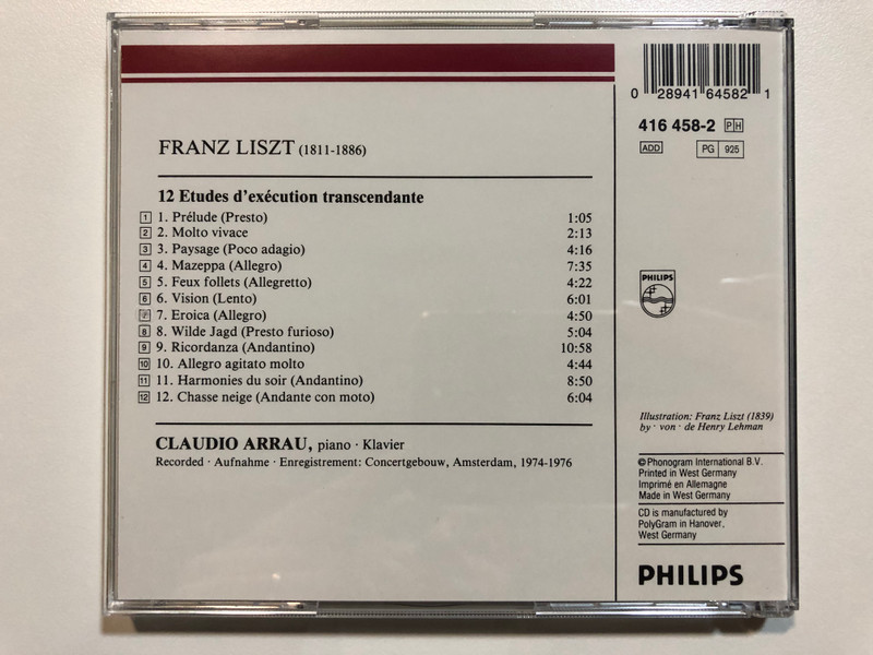 Liszt – 12 Etudes D'Exécution Transcendante / Claudio Arrau / Philips Audio CD / 416 458-2