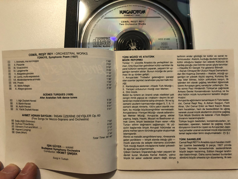 Cemal Resit Rey / Turk Sahneleri, Scenes From Turkey, Turkiye (Turk Rapsodisi), Turkey (Turkish Rhapsody) / A. Adnan Saygun / Orkestra ve Mezzo-Soprano Icin 5 Lied / Hungaroton Audio CD 1988 Stereo / HCD 31483