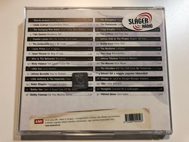 Rock'n'Roll Party - hazibuli / 31 slager - Fats Domino, Wanda Jackson, Dion, The Swinging Blue Jeans, Louis Prima, Gene Vincent, Eddie Cochran, Little Eva, Illes, Omega, Hungaria, ...es meg, meg, meg... / EMI Audio CD 2004 / 7243 875545 28