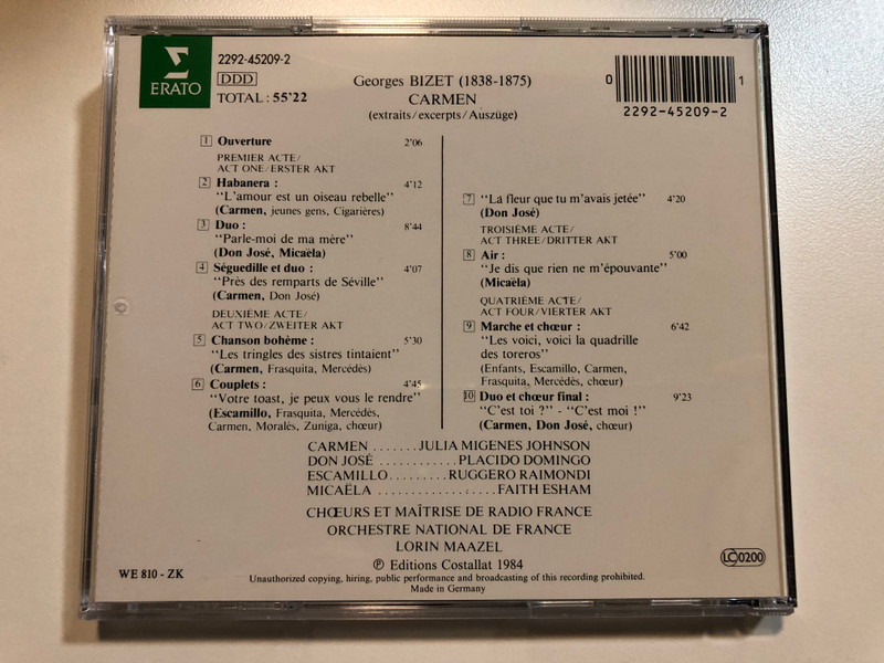 Georges Bizet - Carmen / Excepts: Julia Migenes Johnson, Placido Domingo, Ruggero Raimondi, Faith Esham / Orchestre National De France, Chœur Et Maîtrise De Radio France, Lorin Maazel / Erato Audio CD / 2292-45209-2
