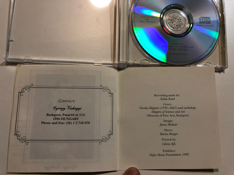 Purcell Choir Budapest, Orfeo Orchestra Budapest (On Period Instruments): György Vashegyi / Music by: Benedek Istvánffy and Henry Purcell / Live Recording / Orfeo Music Foundation 1997 Audio CD 1997 / OMF CD 001