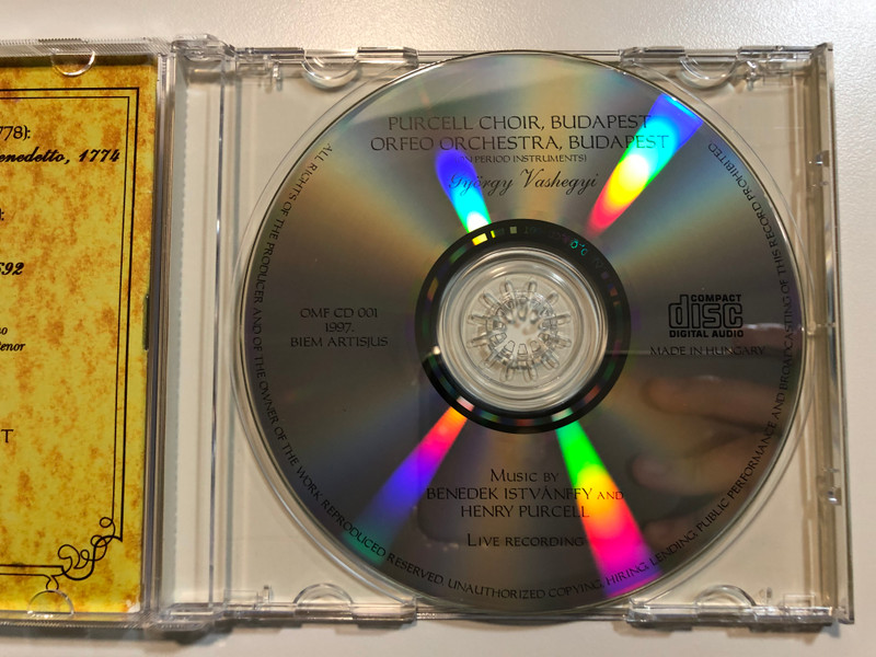 Purcell Choir Budapest, Orfeo Orchestra Budapest (On Period Instruments): György Vashegyi / Music by: Benedek Istvánffy and Henry Purcell / Live Recording / Orfeo Music Foundation 1997 Audio CD 1997 / OMF CD 001