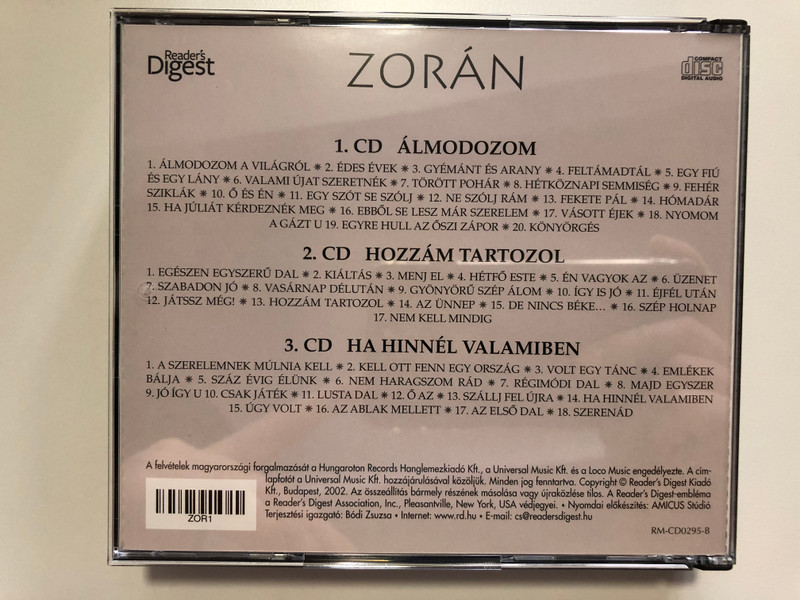 Zorán / Reader's Digest Hungary 3x Audio CD 2002 / RM-CD0295-1-3