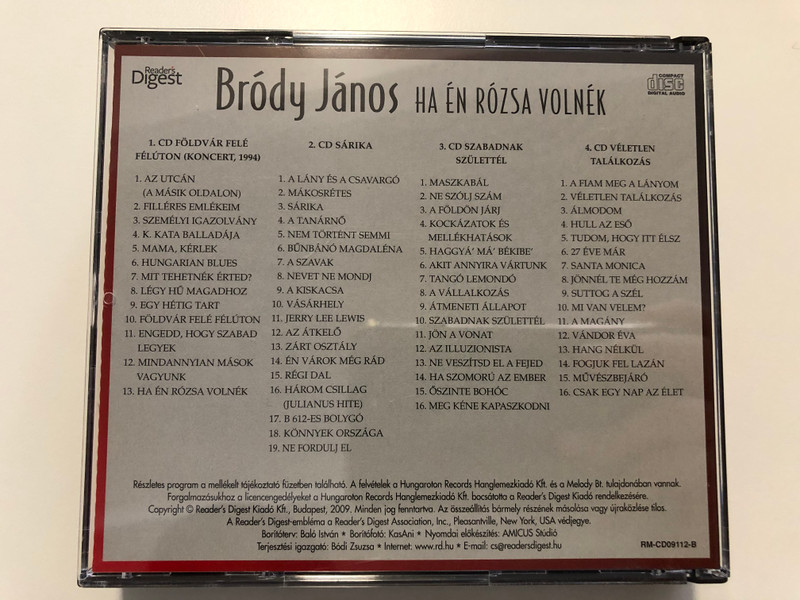 Bródy János – Ha Én Rózsa Volnék / Reader's Digest 4x Audio CD 2009 / RM-CD09112-1-4
