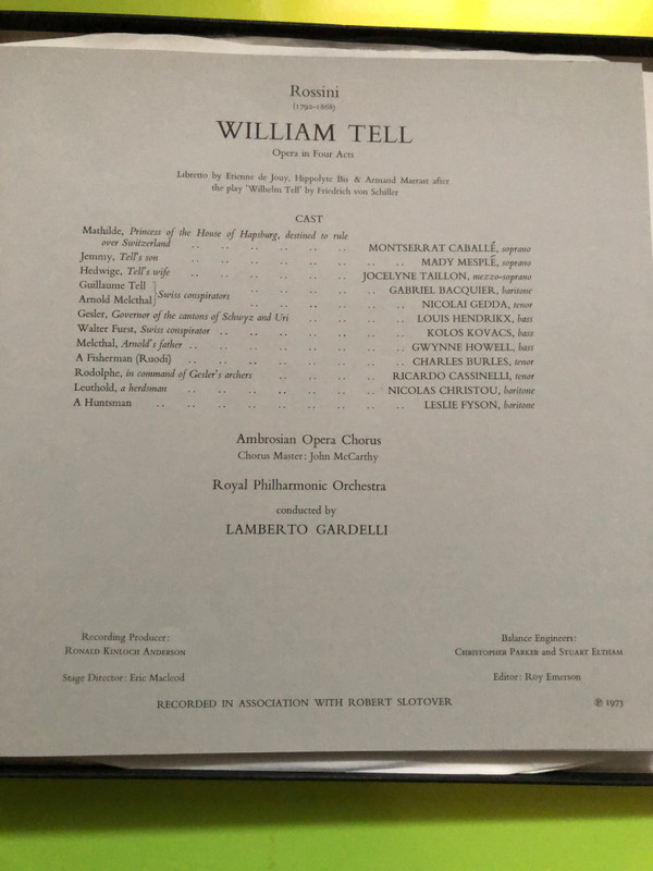 Rossini: William Tell (first complete recording of the original version in Fraench) / Gabriel Bacquier, Montserrat Caballé, Nicolai Gedda, Kolos Kovacs, Mady Mespie, Gwynne Howell, Jocelyne Taillon / EMI Records 5x LP 1973 Stereo / SLS 970