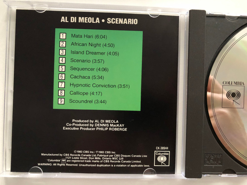 Al Di Meola – Scenario / Featuring performances by Phil Collins, Bill Bruford and Tony Levir / Includes Sequencer,Island Dreamer and Hypnotic Conviction / Columbia Audio CD 1983 / CK 38944