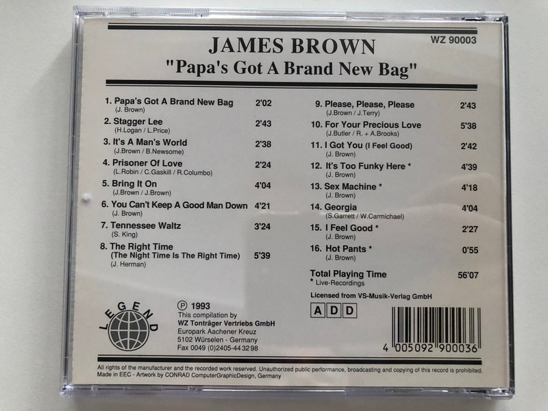 James Brown – ''Papa's Got A Brand New Bag'' / Stagger Lee, It's A Man's World, Tennessee Waltz, Sex Machine, I Feel Good, and many more... / Legend Audio CD 1993 / WZ 90003