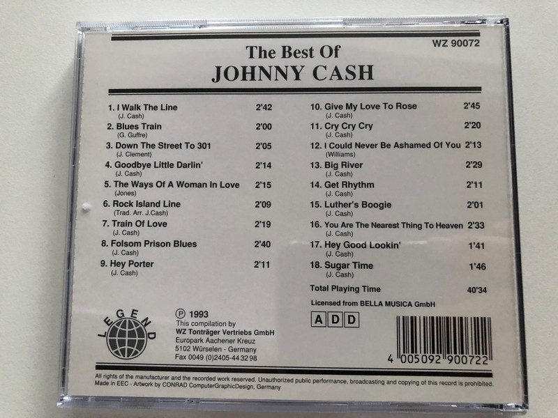 The Best Of Johnny Cash / I Walk The Line, Rock Island Line, Hey Porter, Hey Good Lookin', and many more... / WZ Tonträger Vertriebs GmbH Audio CD 1993 / WZ 90072
