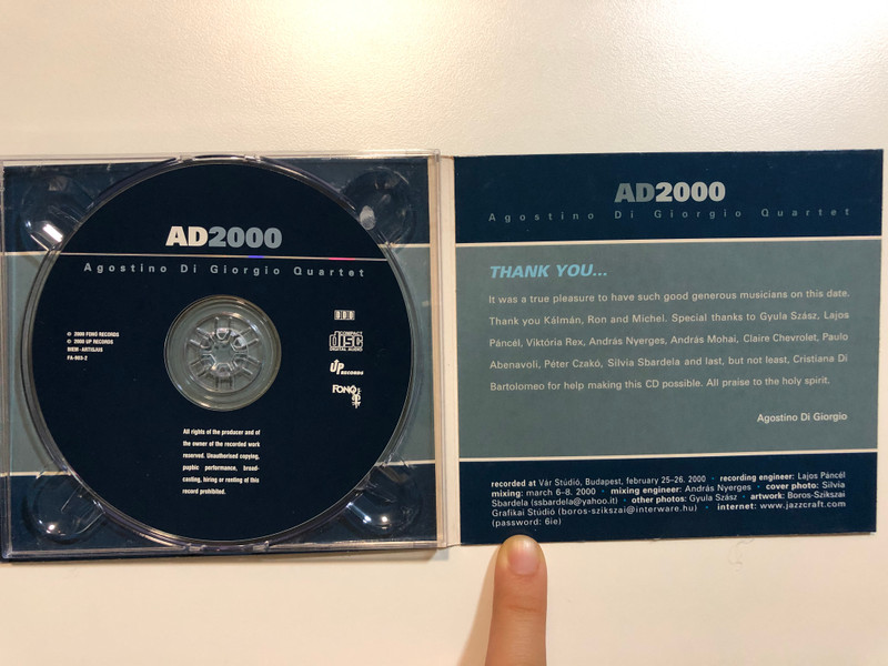 AD2000 - Agostino Di Giorgio Quartet featuring Kálmán Oláh, Ron Seguin and Michael Lambert / Fonó Records Audio CD 2000 / FA-903-2