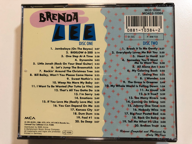 Brenda Lee – Anthology 1956-1980 / The Definitive Brenda Lee Collection 40 Songs on Two Compact Discs. Contains all of her Top 20 Pop Hits. / Contains 1 Hour 45 Minutes of music / MCA Records 2x Audio CD 1991 / MCD 10384