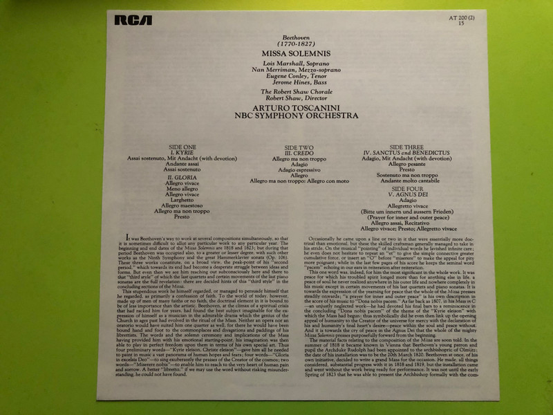 Ludwig van Beethoven: Missa Solemnis in D Major, Op. 123 / NBC Symphony Orchestra / Toscanini Edition / Arturo Toscanini / 1867-1957 / RCA 2x LP / AT 200 (2)