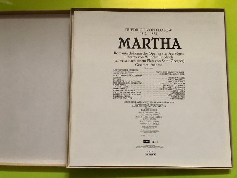 Flotow: Martha / Anneliese Rothenberger, Brigitte Fassbaender, Nicolai Gedda, Hermann Prey, Dieter Weller, Hans Georg Knoblich / Chor der Bayerischen Staatsoper Munchen, Bayerisches Staatsorchester / His Master's Voice 2x LP Stereo / 29 0938 3