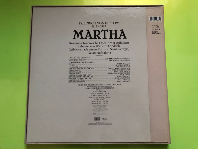 Flotow: Martha / Anneliese Rothenberger, Brigitte Fassbaender, Nicolai Gedda, Hermann Prey, Dieter Weller, Hans Georg Knoblich / Chor der Bayerischen Staatsoper Munchen, Bayerisches Staatsorchester / His Master's Voice 2x LP Stereo / 29 0938 3