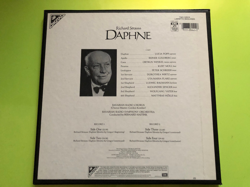 Richard Strauss: Daphne / Lucia Popp, Reiner Goldberg, Ortrun Wenkel, Peter Schreier, , Kurt Moll / Chorus & Orchestra of the Bavarian Radio, Bernard Haitink / Angel Records 2x LP 1983 Stereo / DSBX-3941