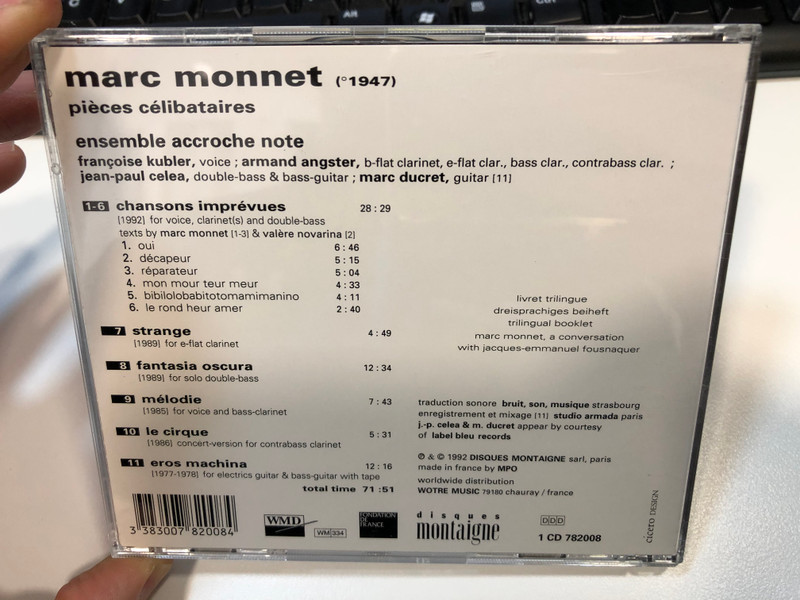 Marc Monnet – Pièces Célibataires - Ensemble accroche note / Accroche note edition 1 / Disques Montaigne Audio CD 1992 / 782008