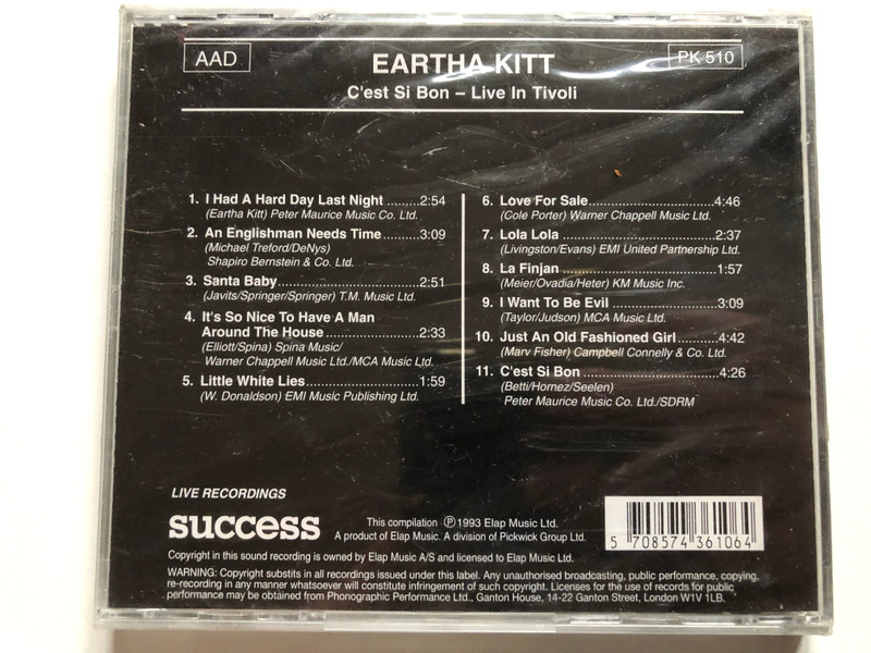 Eartha Kitt – C'est Si Bon - Live In Tivoli / Old Fashioned Girl, Love For Sale, Little White Lies, Lola Lola, and many more... / Success Audio CD 1993 / 16106CD (5708574361064) 