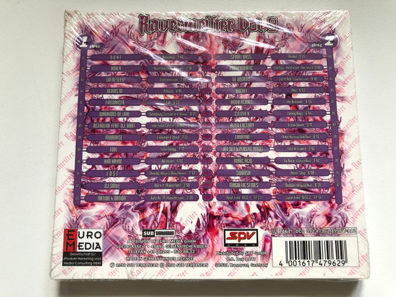 Ravermeister Volume 9 / Liquid Record, Drizzly Records, Dance Paradise, Tunnel, Fog Area, Reef, Wash, Own World Musicproductions, E.D.M., Time Unlimited, Beatz Only, Upbeat, Chemo / Sub Terranean 2x Audio CD 1998 / SPV 092-47962 (4001617479629)