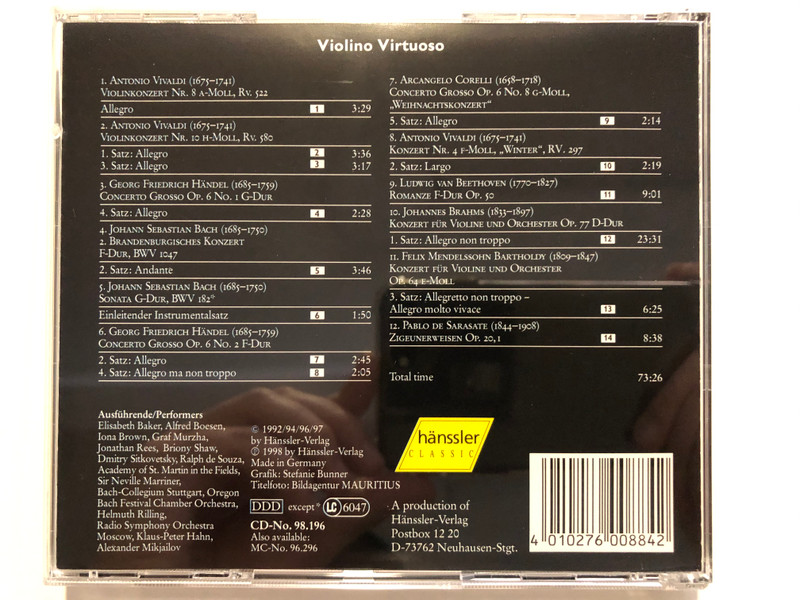 Violino Virtuoso - A. Vivaldi, J. S. Bach, G. F. Handel, F. Mendelssohn Bartholdy, L. V. Beethoven, J. Brahms, P. De Sarasate, A. Corelli / Iona Brown, Graf Murzha, Dmitry Sitkovetsky / Hänssler Classic Audio CD 1998 Stereo / 98.196