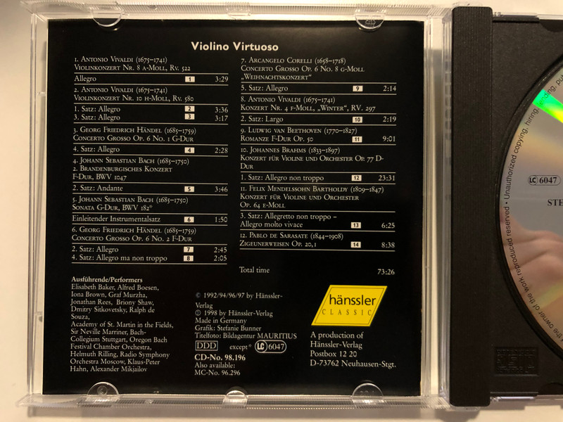 Violino Virtuoso - A. Vivaldi, J. S. Bach, G. F. Handel, F. Mendelssohn Bartholdy, L. V. Beethoven, J. Brahms, P. De Sarasate, A. Corelli / Iona Brown, Graf Murzha, Dmitry Sitkovetsky / Hänssler Classic Audio CD 1998 Stereo / 98.196